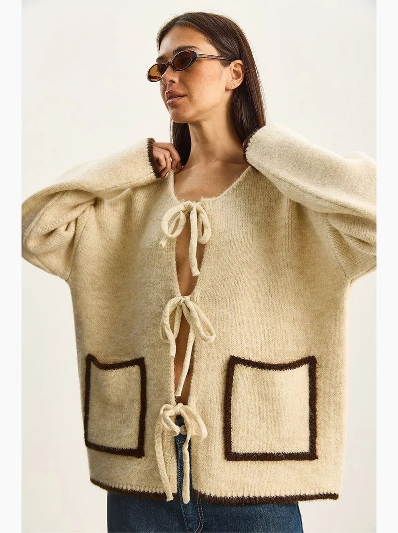 Oversized gebreid vest met striksluiting lucci Klei-beige - Kiabi