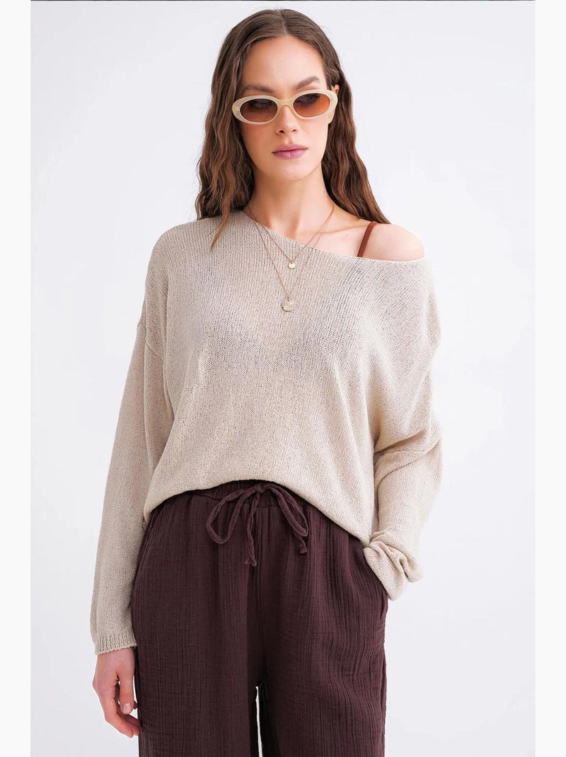 Oversized gebreide trui met boothals mixray Zand - Kiabi