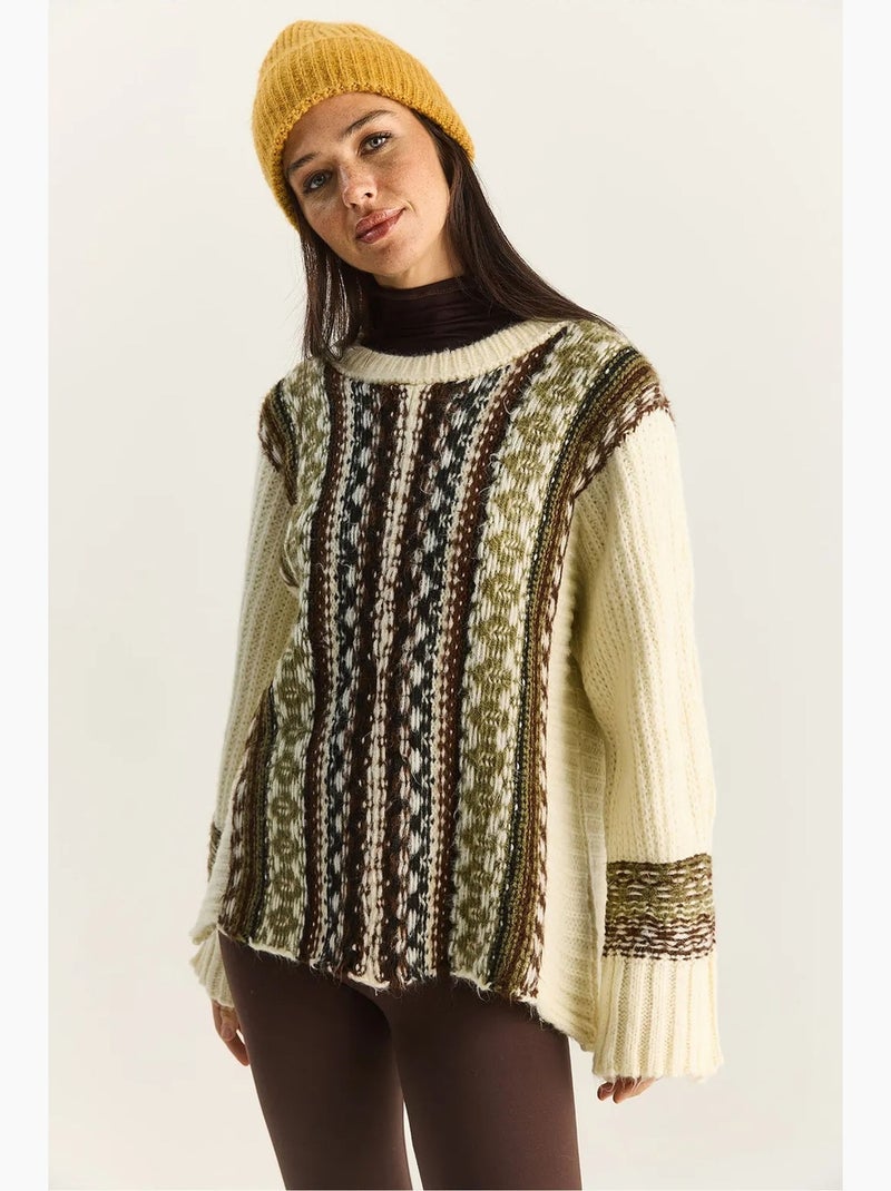Oversized gebreide trui met etnische print lucci Crème - Kiabi