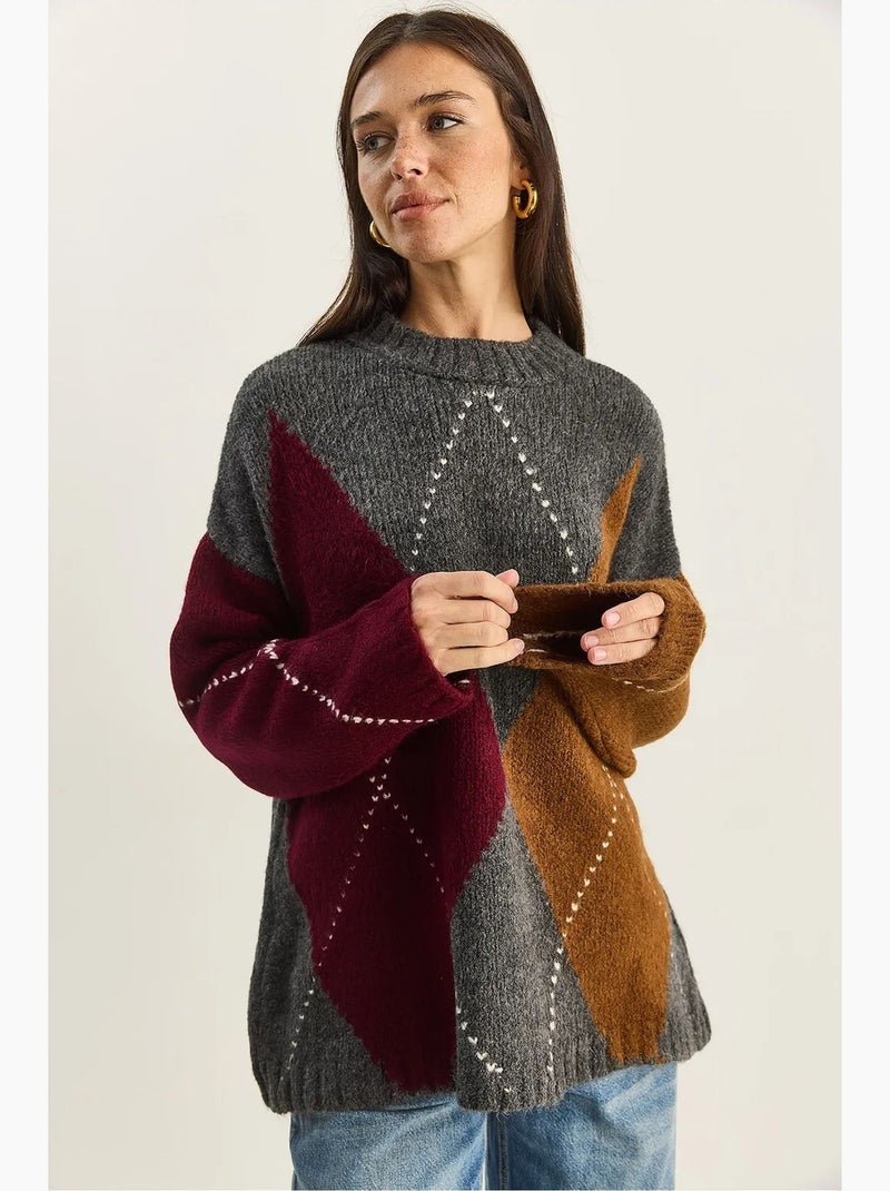Oversized gebreide trui met ruitpatroon lucci Grijs Bruin - Kiabi