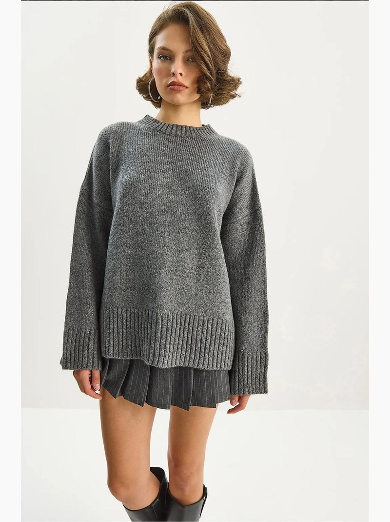 Oversized gebreide trui met textuur en ronde hals lucci Grijs Zwart - Kiabi