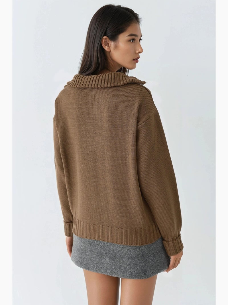 Oversized geribde gebreide trui met ritskraag my fashion Chocoladebruin - Kiabi