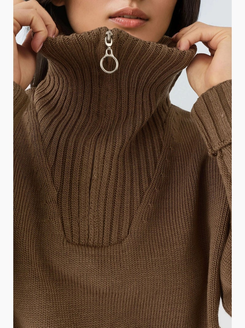 Oversized geribde gebreide trui met ritskraag my fashion Chocoladebruin - Kiabi