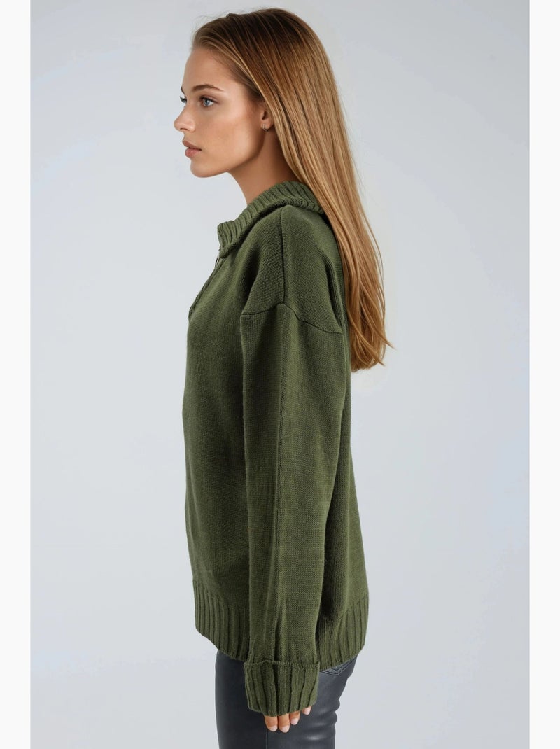 Oversized geribde gebreide trui met ritskraag my fashion Kaki - Kiabi