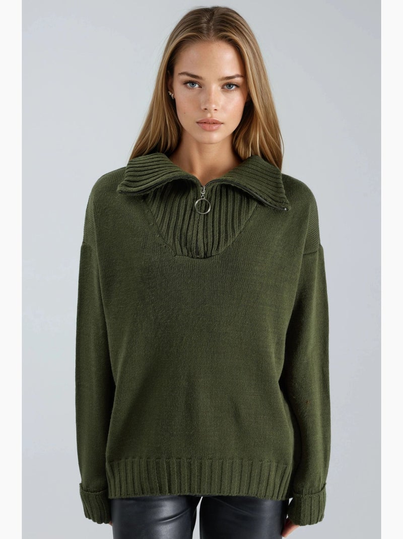 Oversized geribde gebreide trui met ritskraag my fashion Kaki - Kiabi