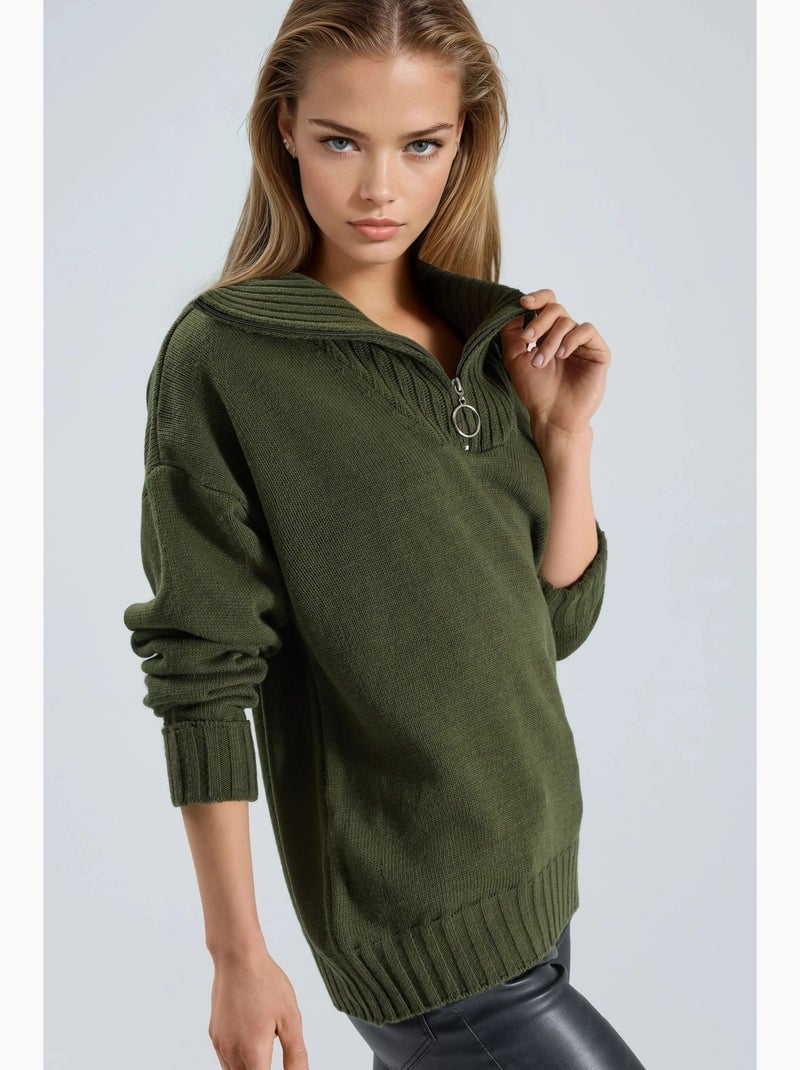 Oversized geribde gebreide trui met ritskraag my fashion Kakigroen - Kiabi