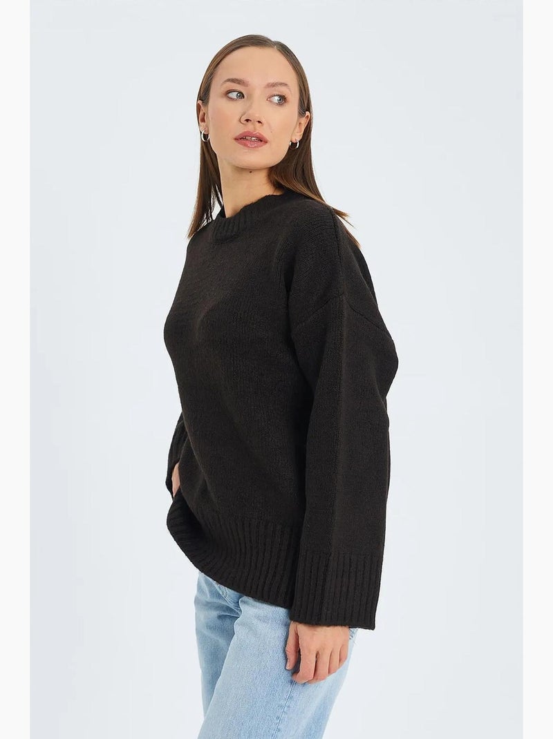 Oversized geribde gebreide trui met ronde hals mixray Donkerbruin - Kiabi