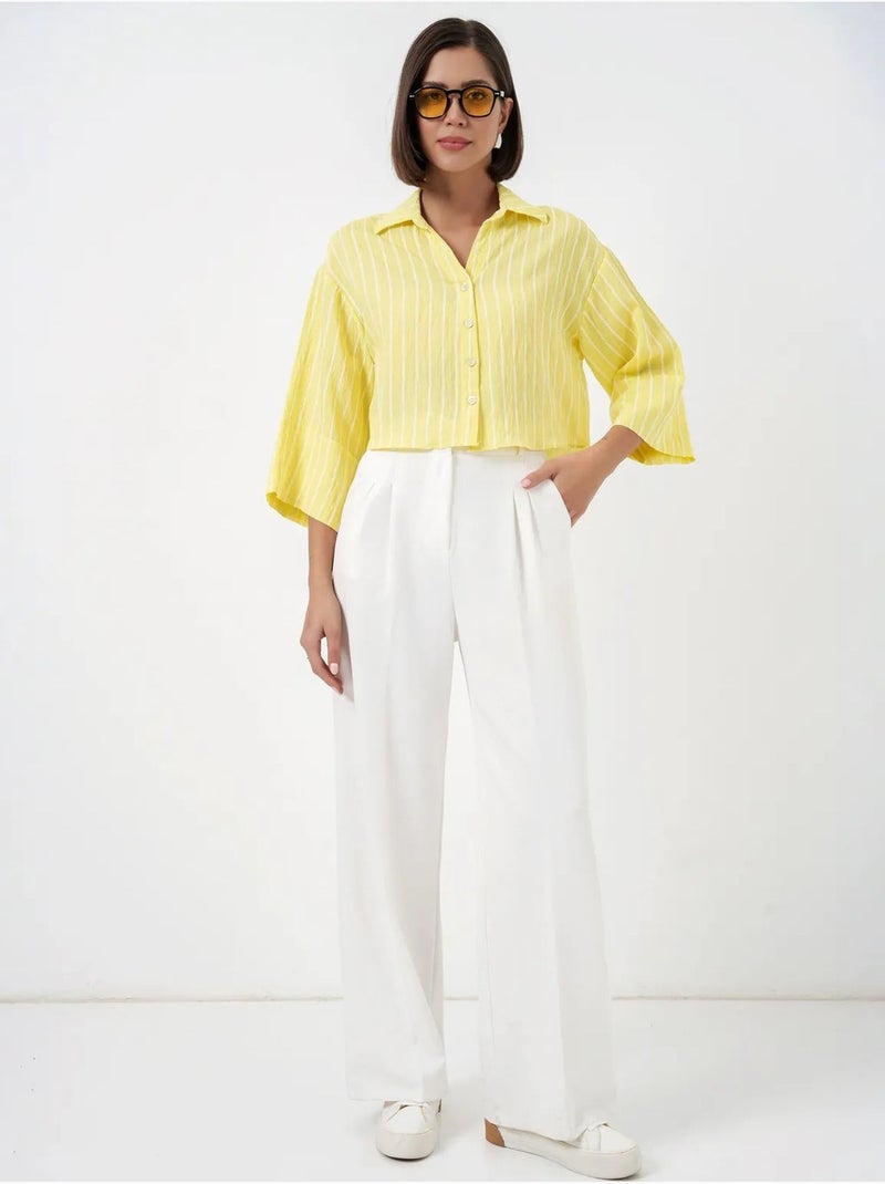 Oversized gestreept cropped overhemd met knoopsluiting bdart Citroengeel - Kiabi