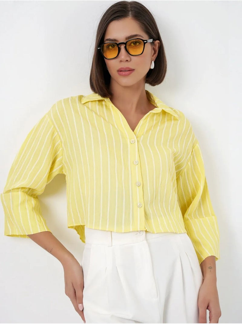 Oversized gestreept cropped overhemd met knoopsluiting bdart Citroengeel - Kiabi