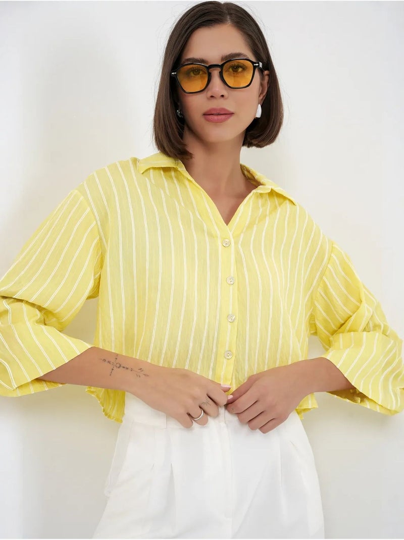 Oversized gestreept cropped overhemd met knoopsluiting bdart Citroengeel - Kiabi