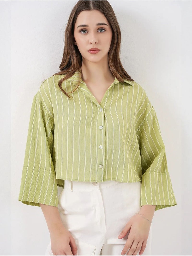 Oversized gestreept cropped overhemd met knoopsluiting bdart Groen - Kiabi
