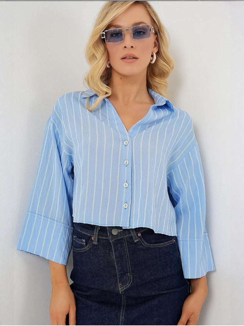 Oversized gestreept cropped overhemd met knoopsluiting bdart Lichtblauw - Kiabi