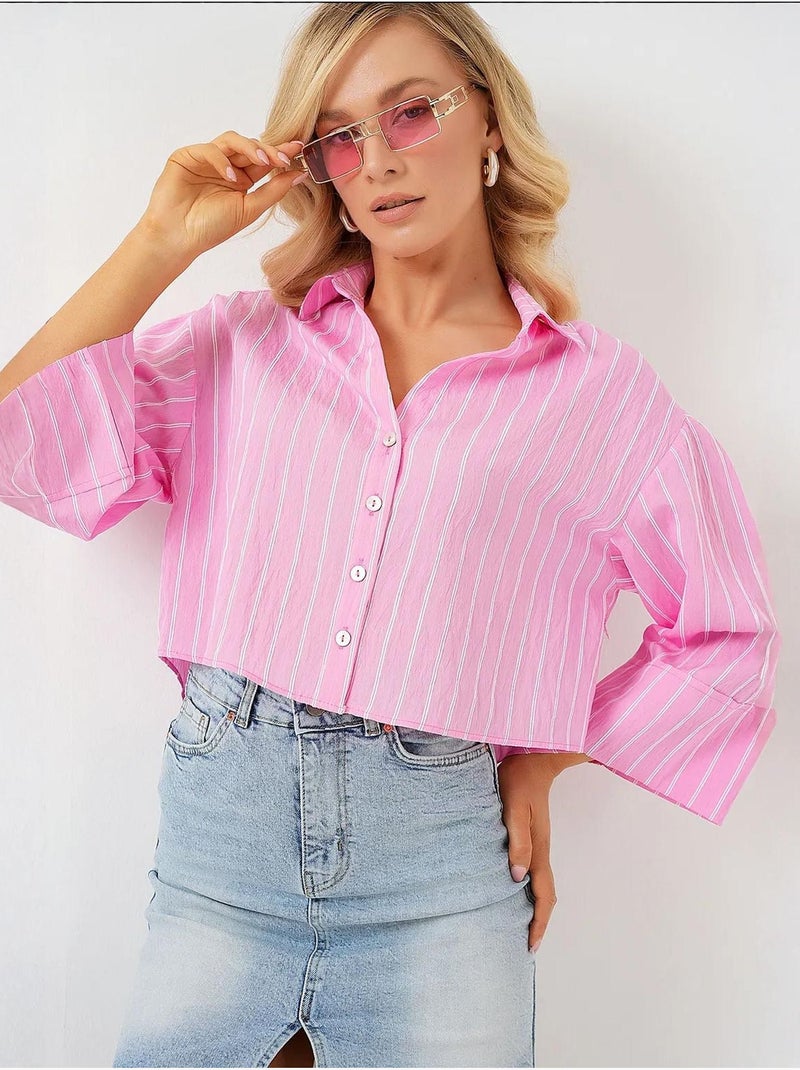 Oversized gestreept cropped overhemd met knoopsluiting bdart Lichtroze - Kiabi