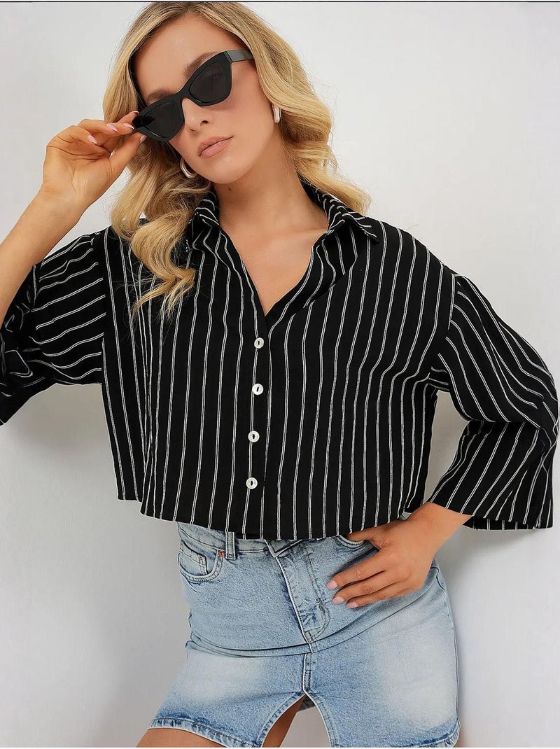 Oversized gestreept cropped overhemd met knoopsluiting bdart Zwart - Kiabi