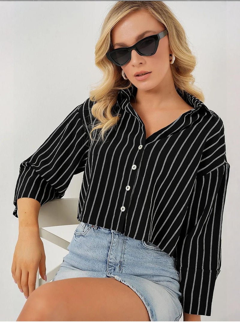 Oversized gestreept cropped overhemd met knoopsluiting bdart Zwart - Kiabi