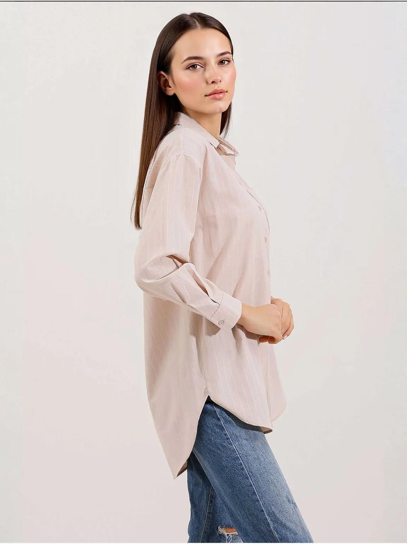 Oversized gestreept overhemd met zakdetail bdart Klei-beige - Kiabi