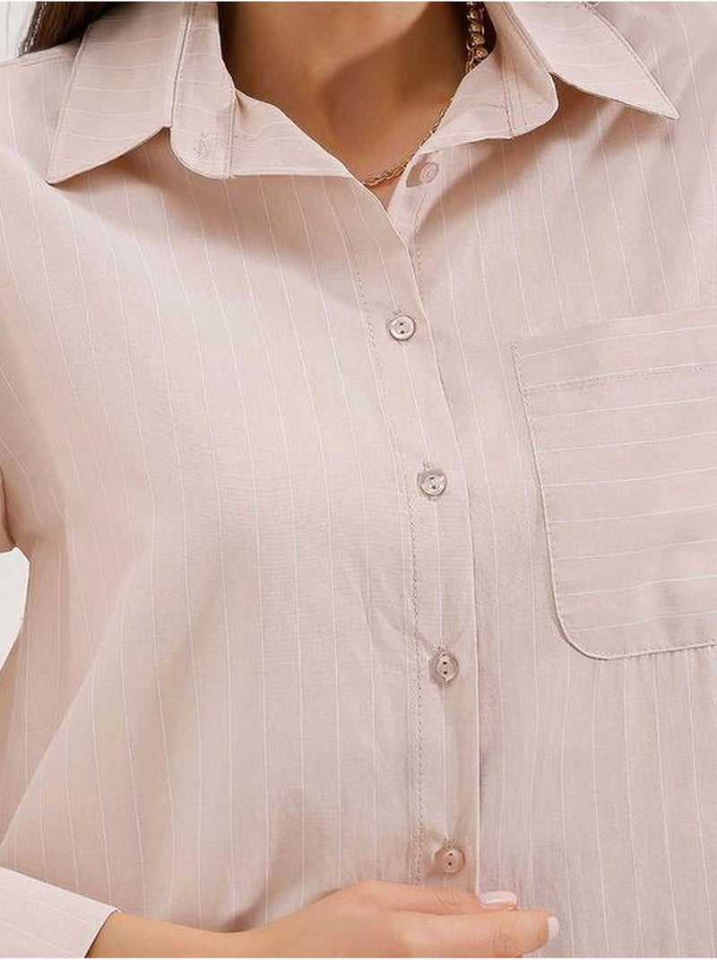 Oversized gestreept overhemd met zakdetail bdart Klei-beige - Kiabi