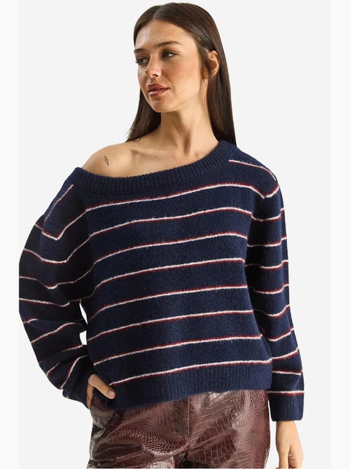 Oversized gestreepte gebreide trui met asymmetrische kraag lucci - Kiabi Oversized gestreepte gebreide trui met asymmetrische kraag lucci - Kiabi