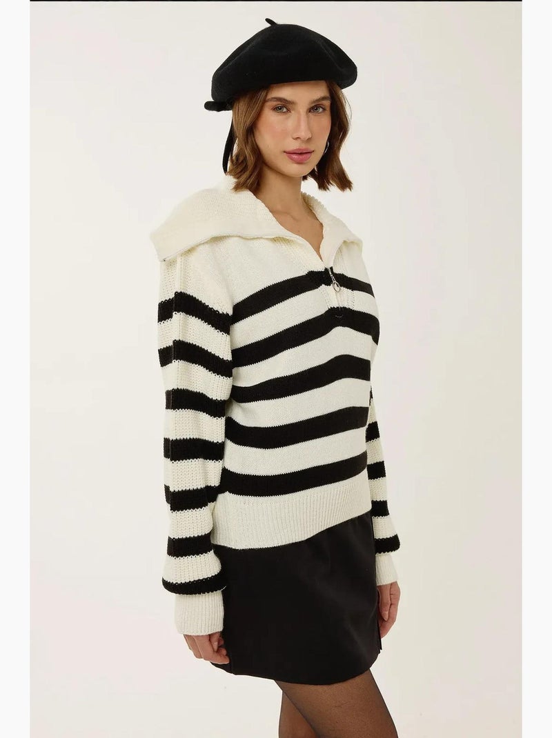 Oversized gestreepte trui met rits hiccup Wit - Kiabi