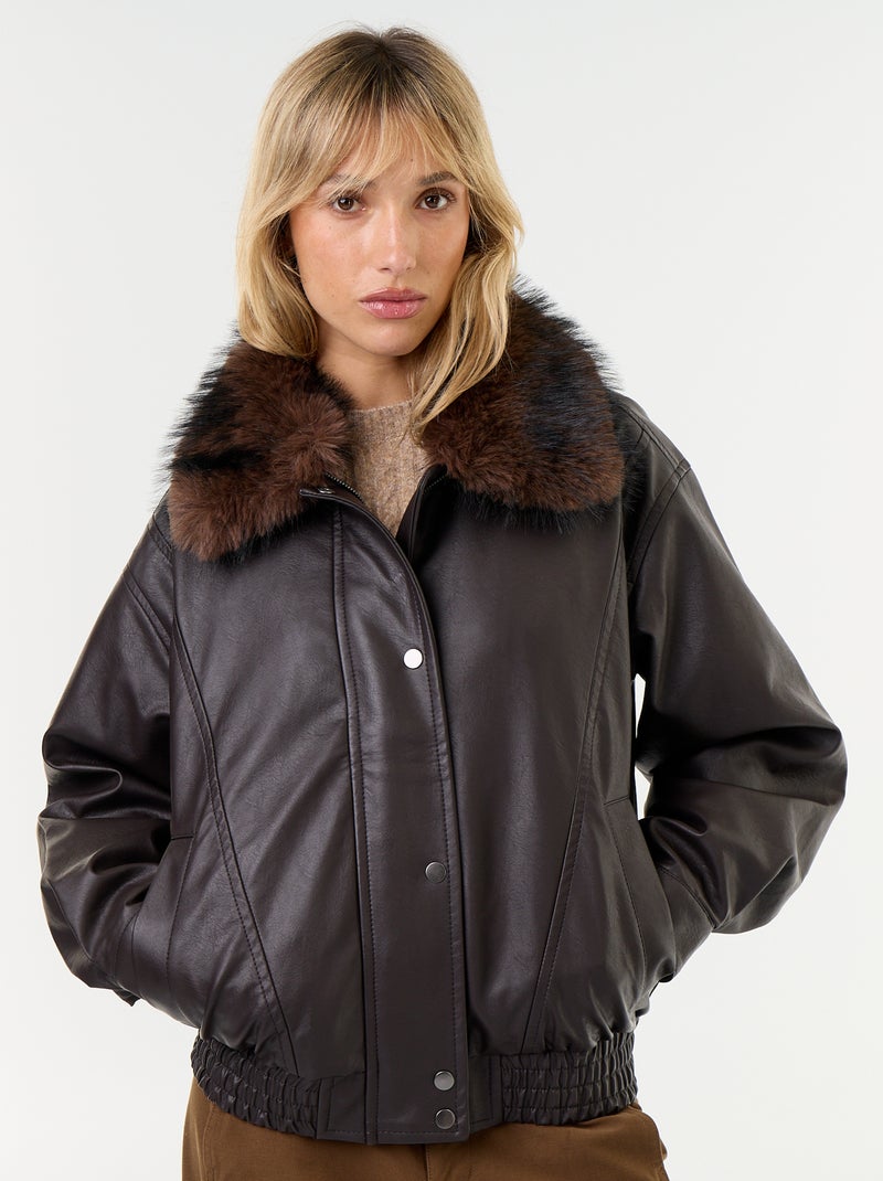 Oversized imitatieleer jasje met afneembare bontkraag Bruin - Kiabi