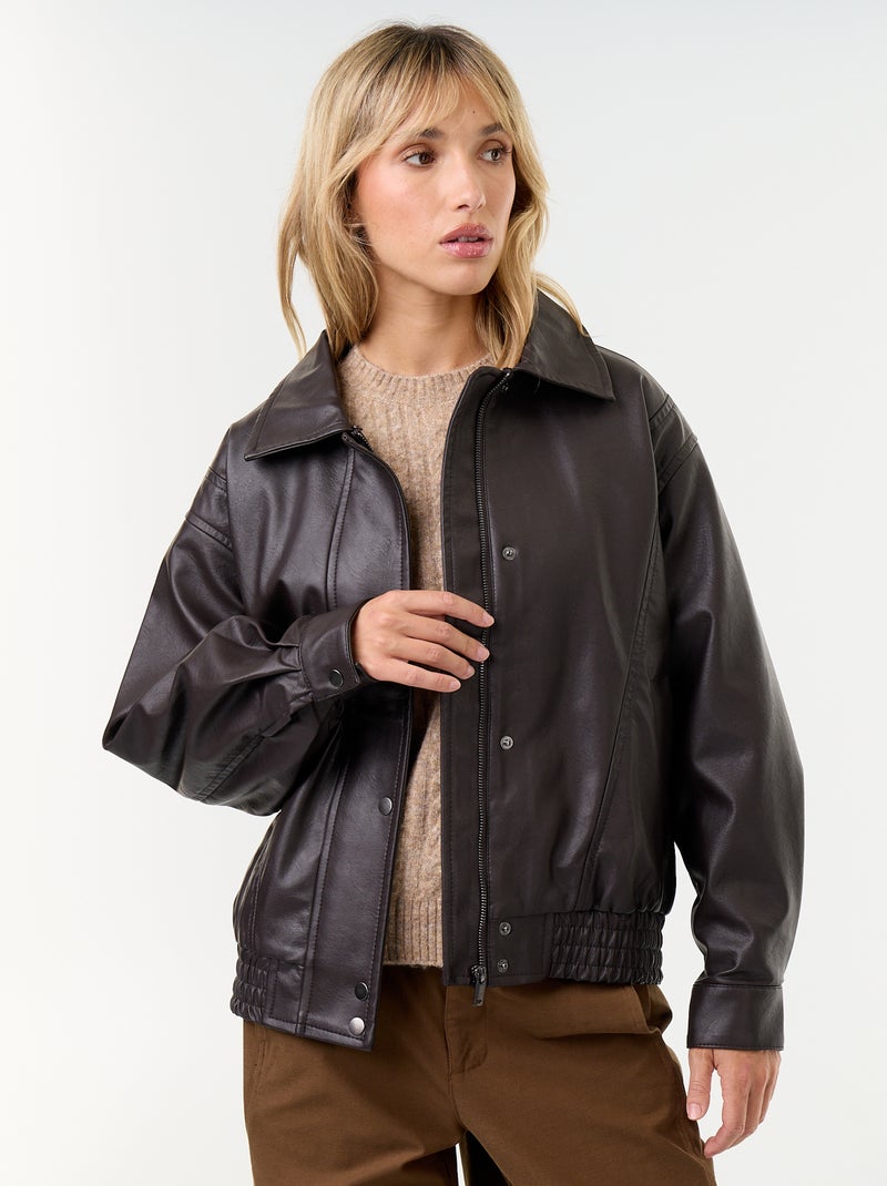 Oversized imitatieleer jasje met afneembare bontkraag Bruin - Kiabi