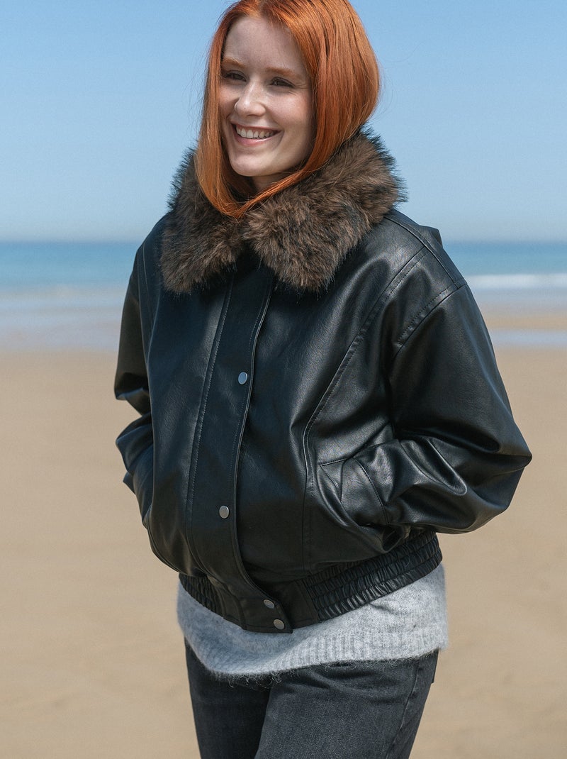 Oversized imitatieleer jasje met afneembare bontkraag Zwart - Kiabi