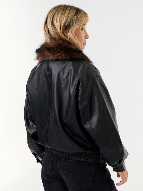 Oversized imitatieleer jasje met afneembare bontkraag - Kiabi