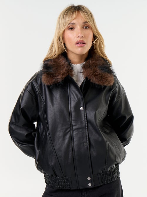 Oversized imitatieleer jasje met afneembare bontkraag - Kiabi