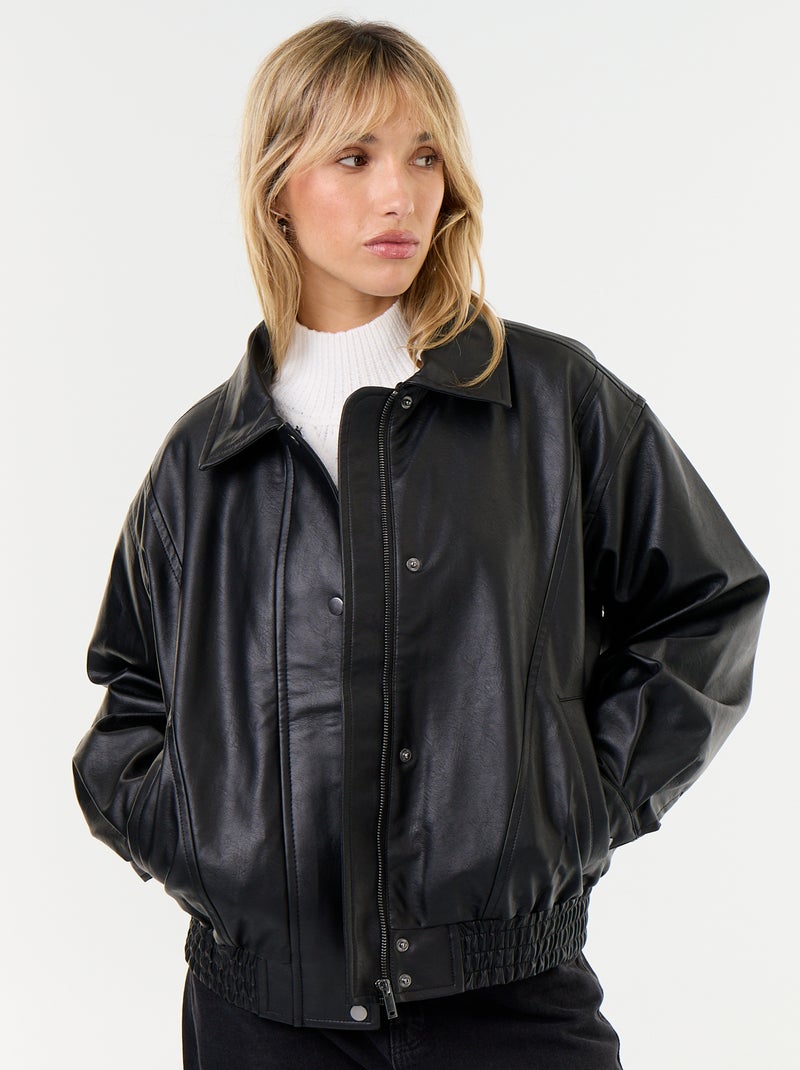 Oversized imitatieleer jasje met afneembare bontkraag Zwart - Kiabi