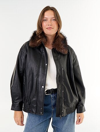 Oversized jas van imitatieleer met afneembare kraag van imitatiebont