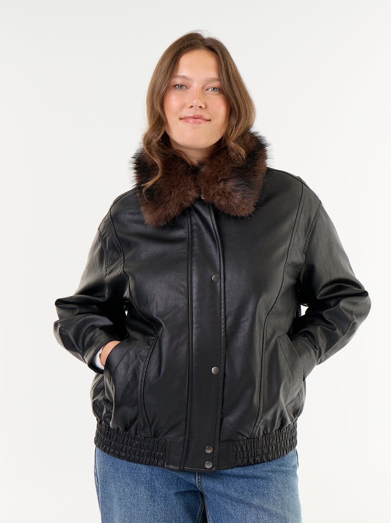 Oversized jas van imitatieleer met afneembare kraag van imitatiebont Zwart - Kiabi