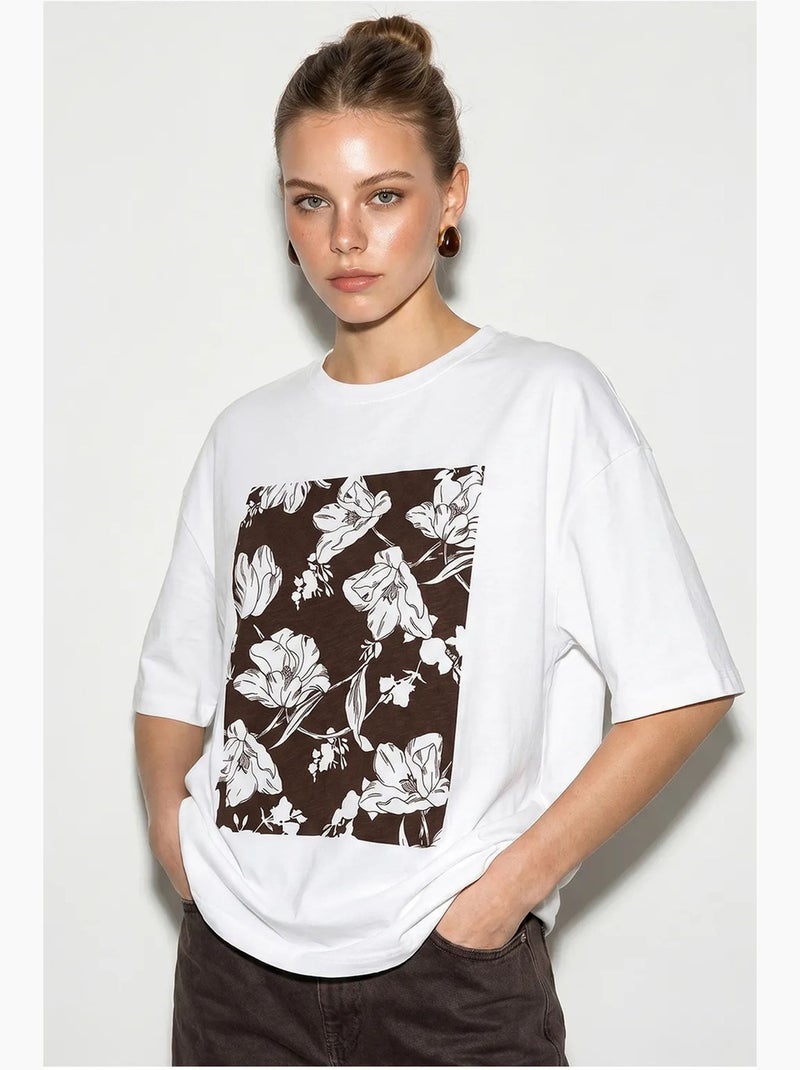 Oversized katoenen t-shirt met bloemenprint lucci Wit Bruin - Kiabi