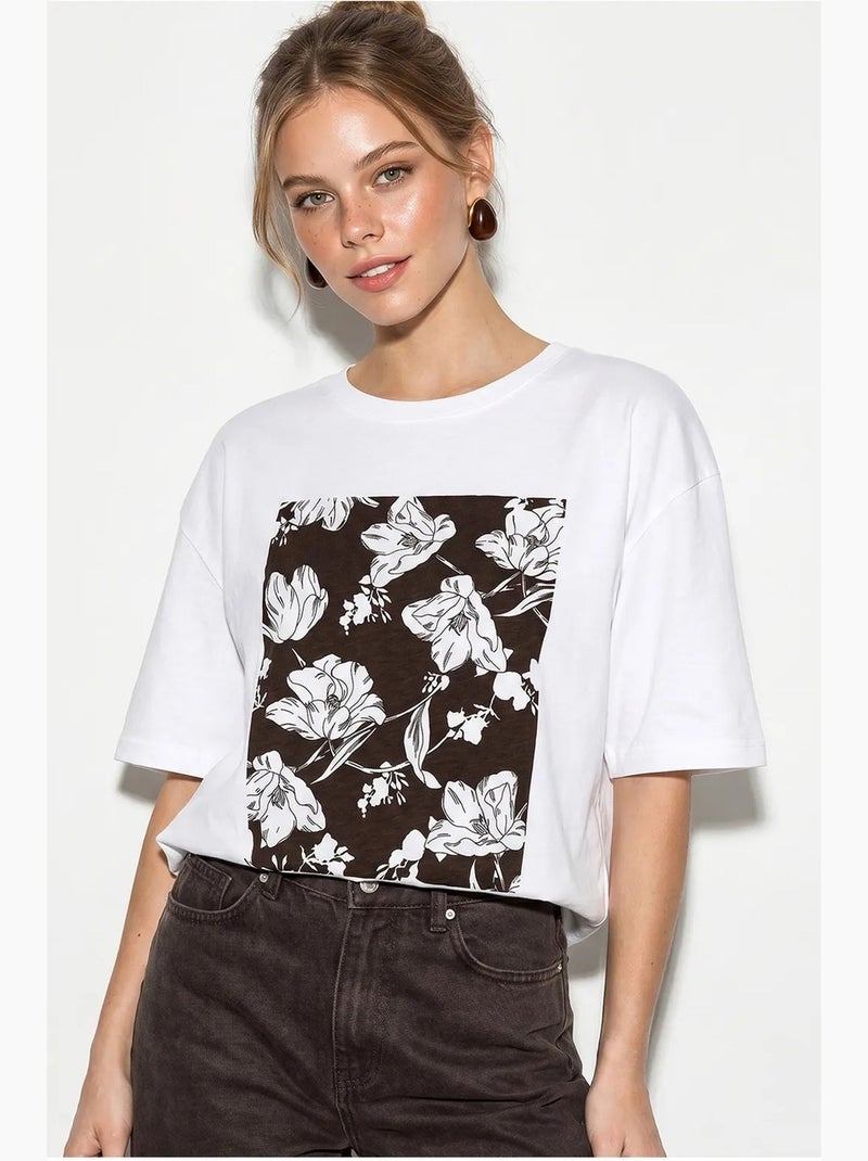 Oversized katoenen t-shirt met bloemenprint lucci Wit Bruin - Kiabi
