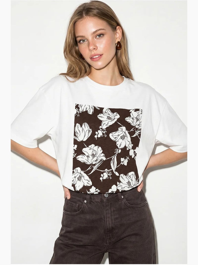 Oversized katoenen t-shirt met bloemenprint lucci Wit Bruin - Kiabi