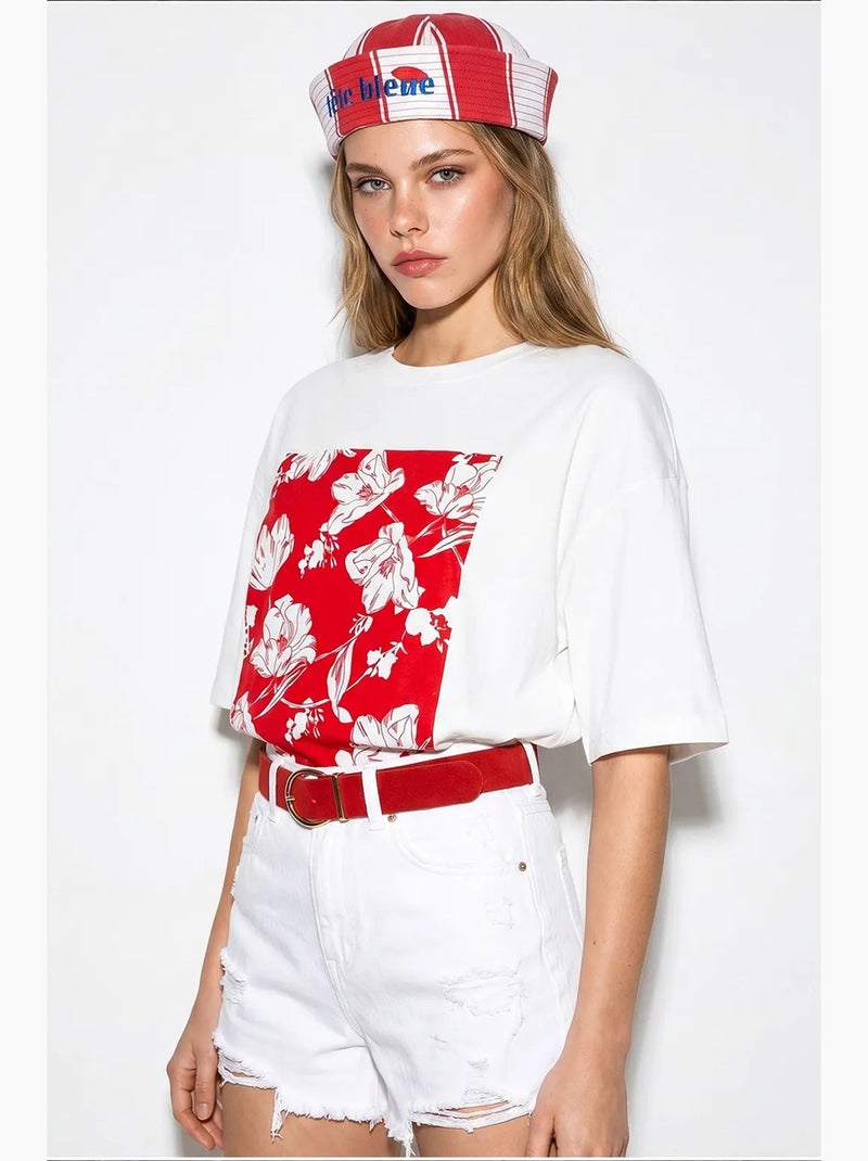 Oversized katoenen t-shirt met bloemenprint lucci Wit Rood - Kiabi