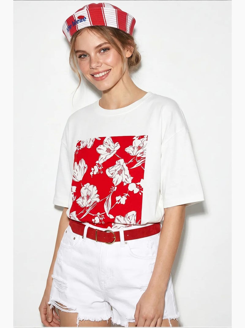 Oversized katoenen t-shirt met bloemenprint lucci Wit Rood - Kiabi