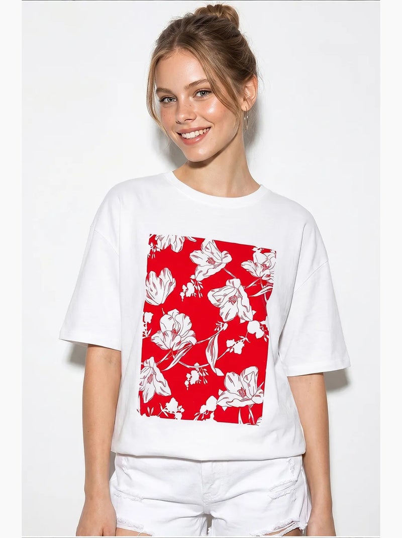 Oversized katoenen t-shirt met bloemenprint lucci Wit Rood - Kiabi