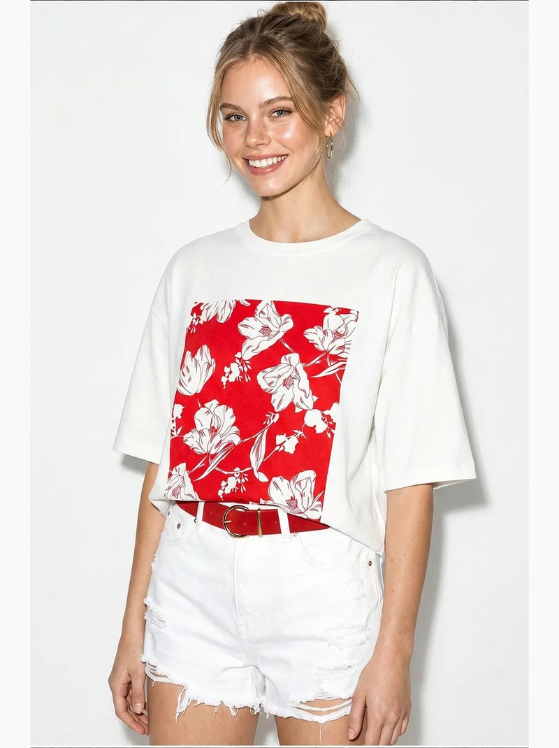 Oversized katoenen t-shirt met bloemenprint lucci Wit Rood - Kiabi