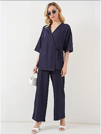 Oversized kimono-broekenset met v-hals en striksluiting bdart