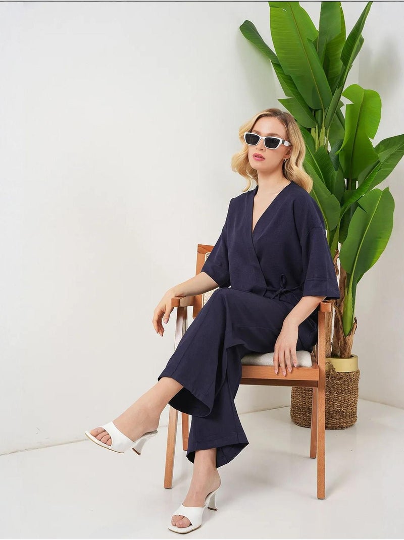 Oversized kimono-broekenset met v-hals en striksluiting bdart Marineblauw - Kiabi