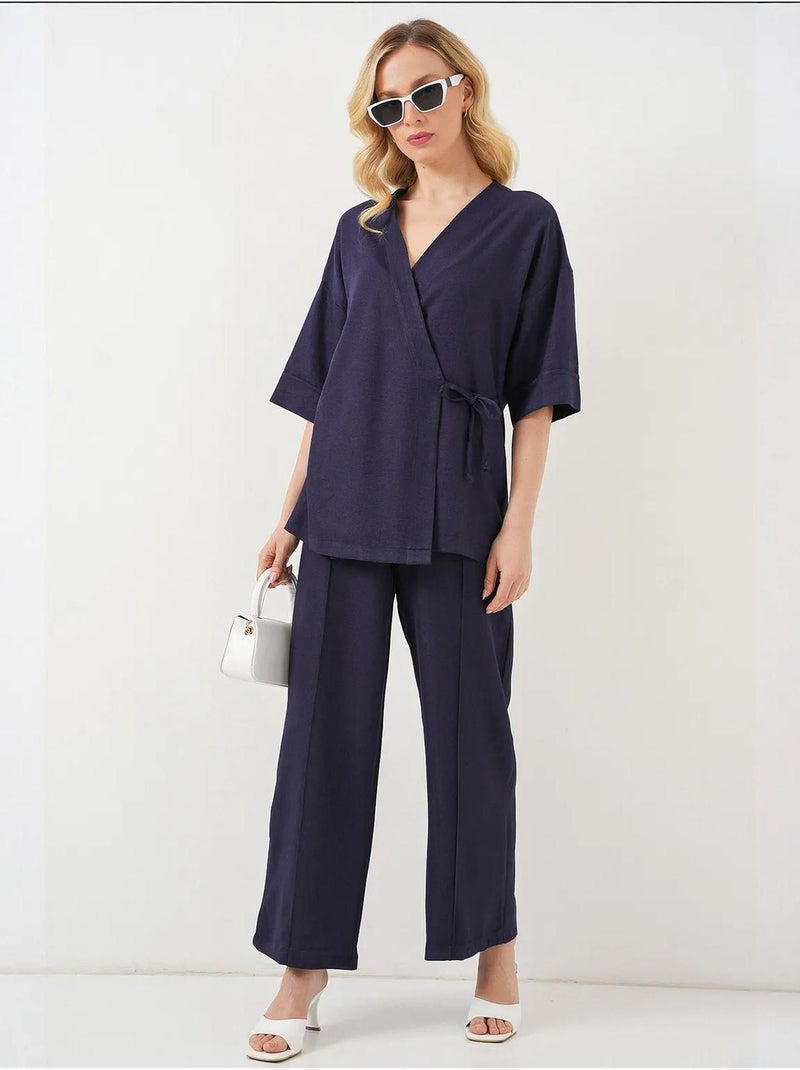 Oversized kimono-broekenset met v-hals en striksluiting bdart Marineblauw - Kiabi
