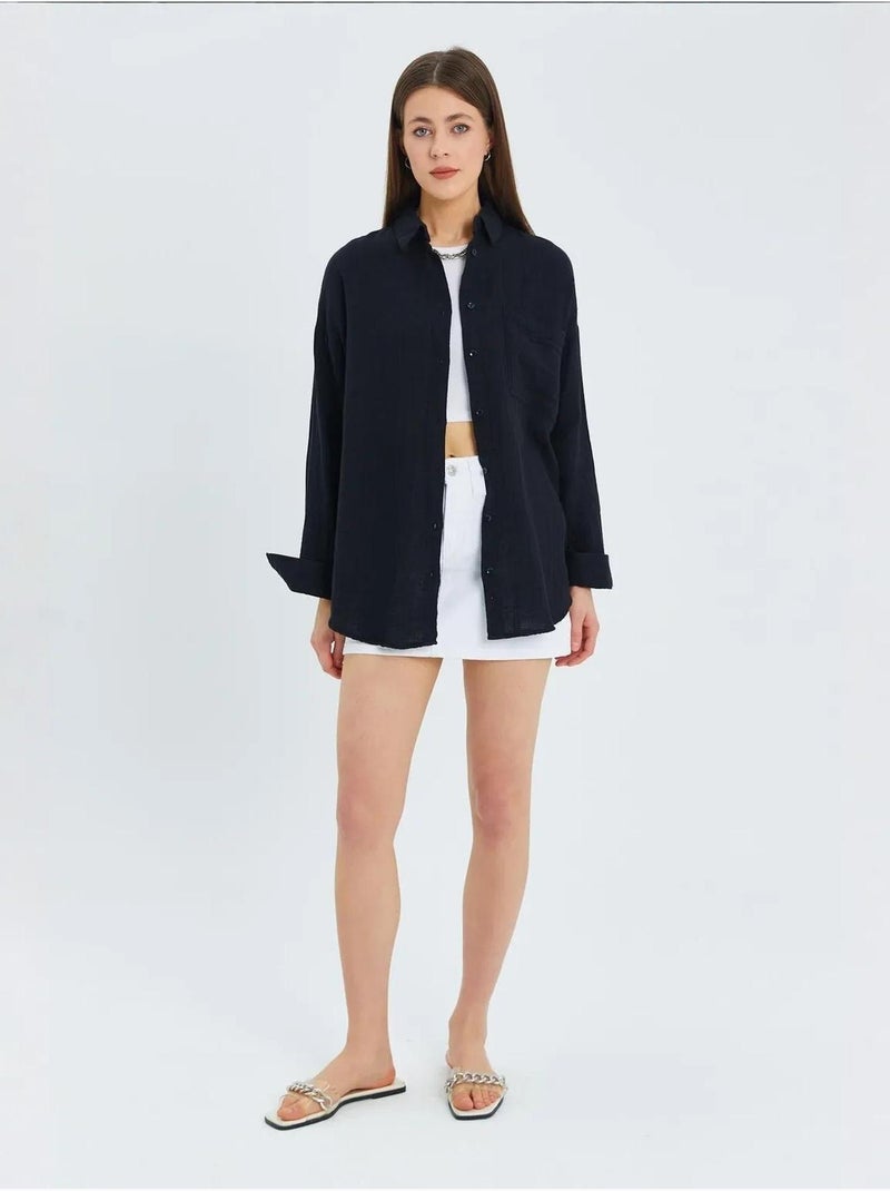 Oversized overhemd met zakdetail mixray Zwart - Kiabi