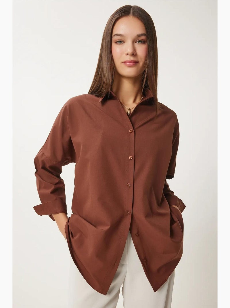 Oversized poplin overhemd met knopen en lange mouwen istanbul Donkerbruin - Kiabi