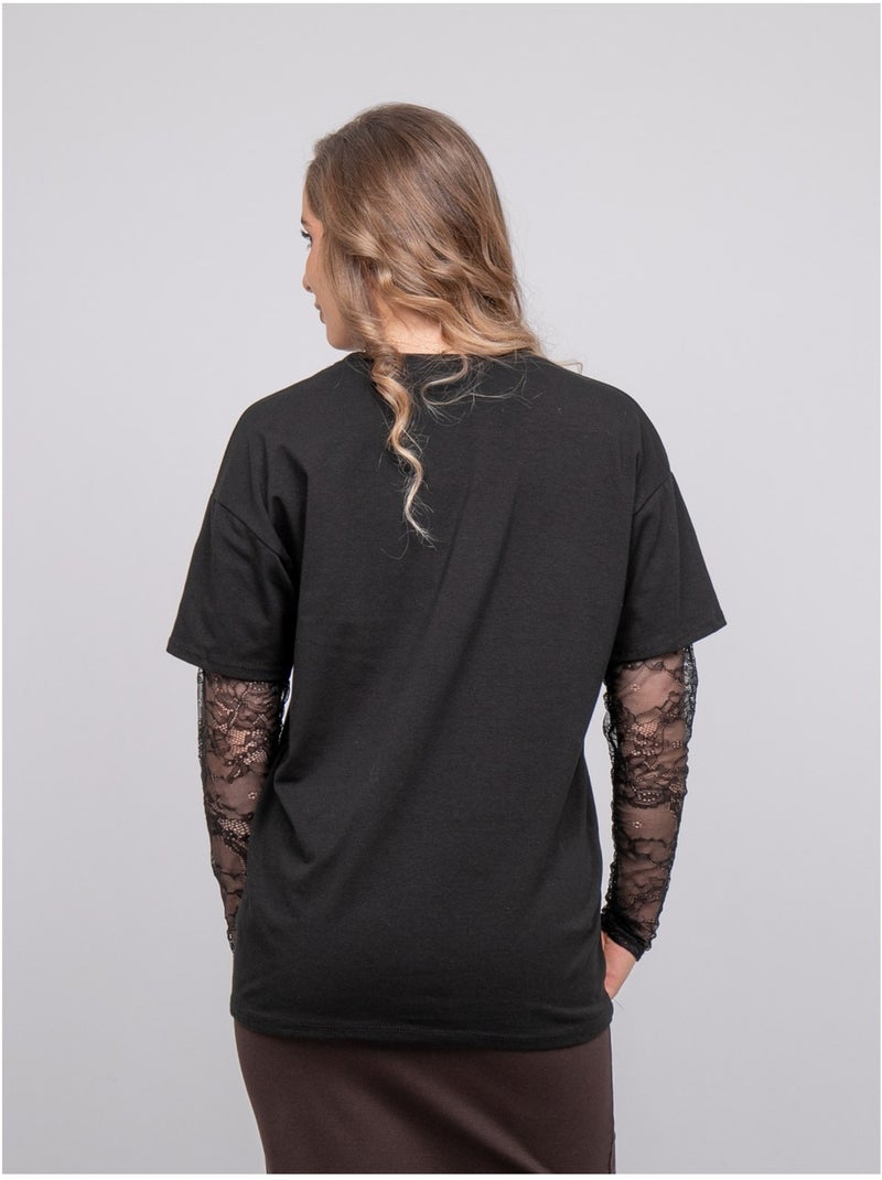 Oversized t-shirt met kanten mouwen falea Zwart - Kiabi