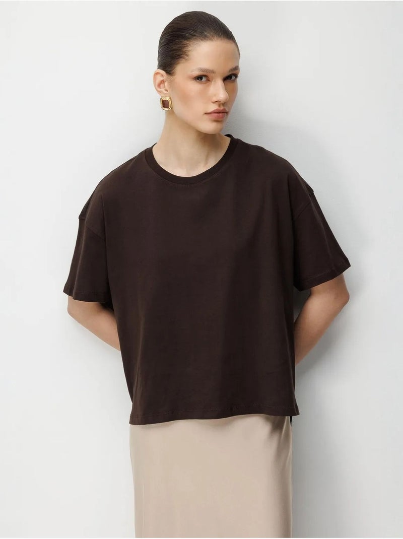 Oversized t-shirt met ronde hals, effen, met split mixray Chocoladebruin - Kiabi