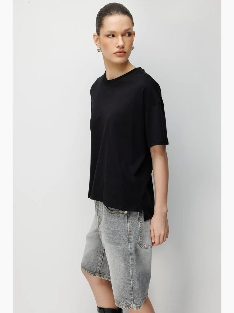 Oversized t-shirt met ronde hals, effen, met split mixray Zwart - Kiabi