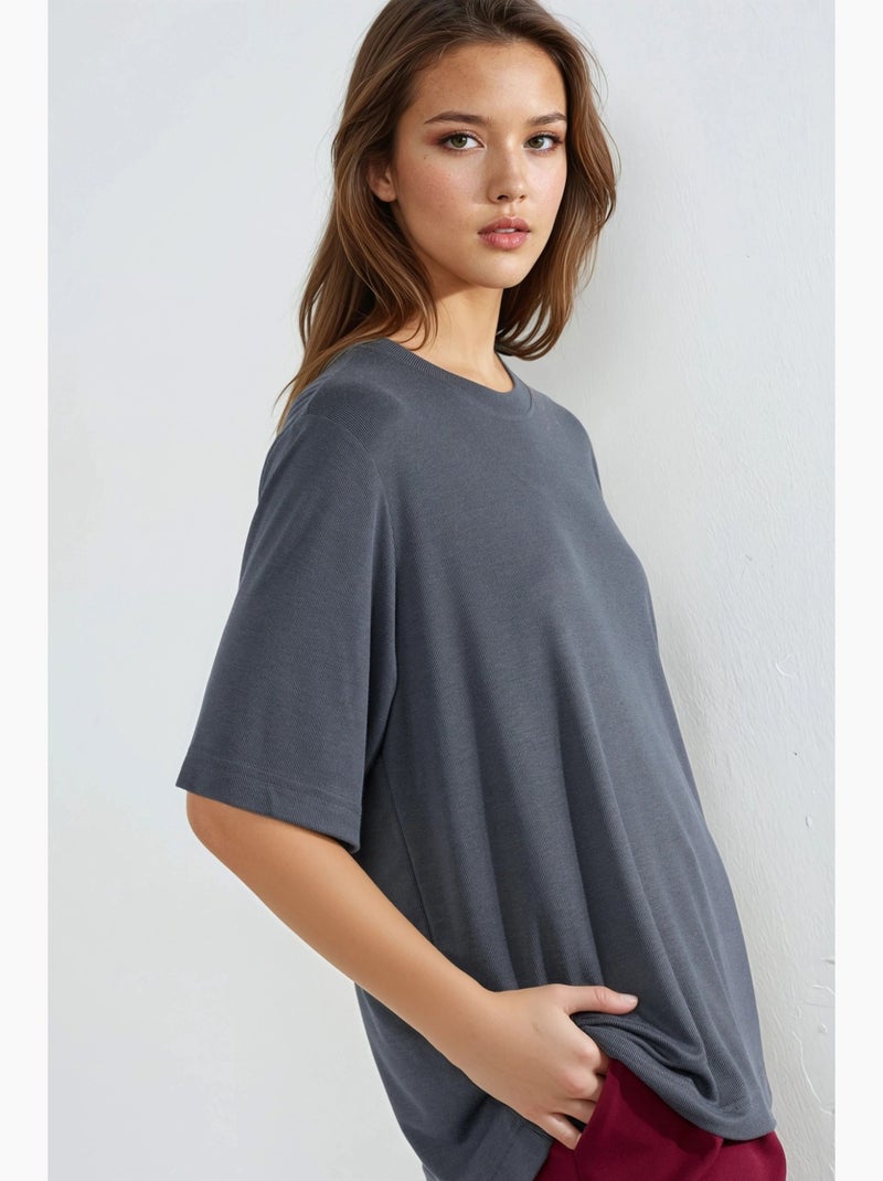Oversized t-shirt met ronde hals en rib busem Donkergrijs - Kiabi