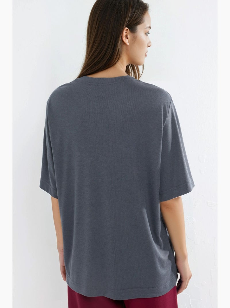 Oversized t-shirt met ronde hals en rib busem Donkergrijs - Kiabi