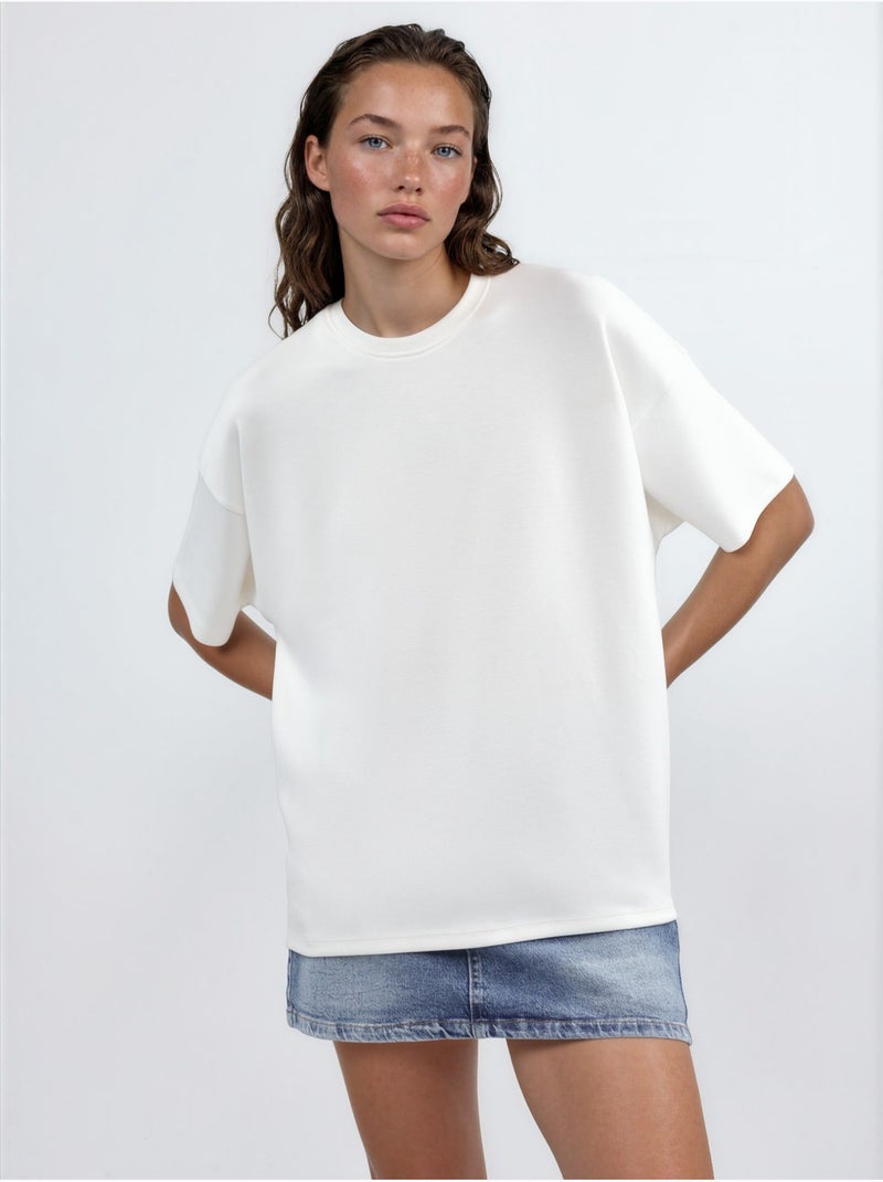 Oversized t-shirt met ronde hals van gebreide stof met modal-touch hiccup Gebroken wit - Kiabi