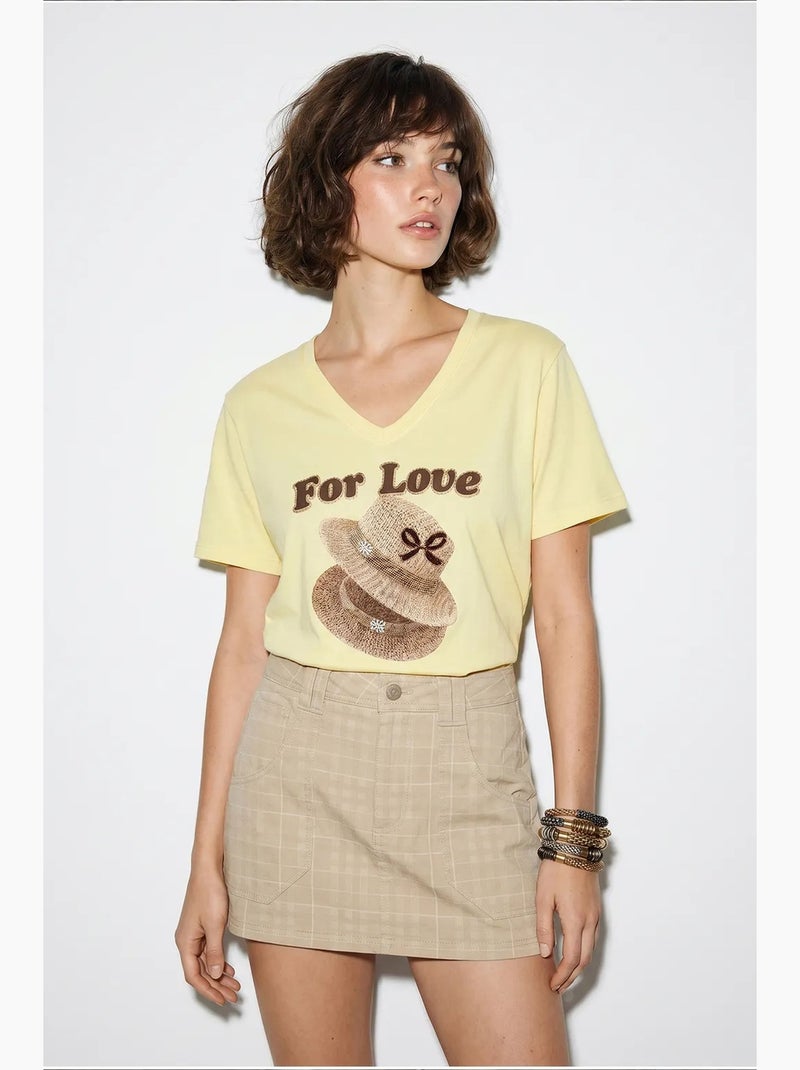 Oversized t-shirt met v-hals en print lucci Citroengeel - Kiabi